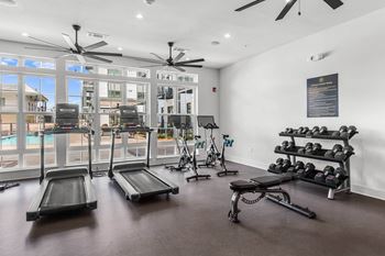 A gym with treadmills, exercise bikes, and weights.
